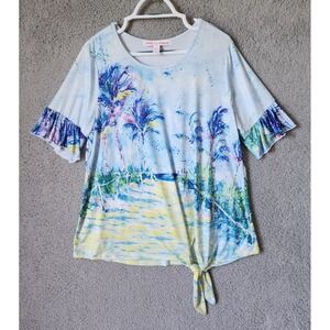 Leoma Lovegrove Top Women Large Blue Tropical Beach Palm Tree Front‎ Tie Ruffle